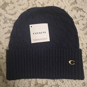 Coach Dark Blue Cable Knit Beanie with Gold Accent NWT
